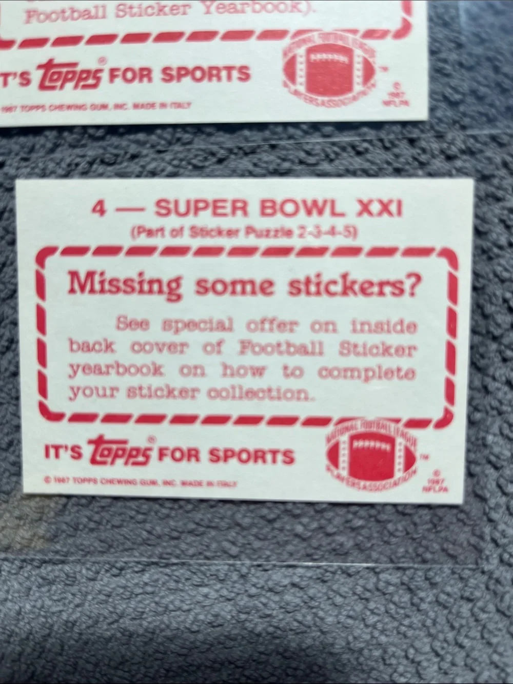 1987 4 Topps stickers (#2-3-4-5) celebrating Super Bowl XXI (Phil Simms, Oates,